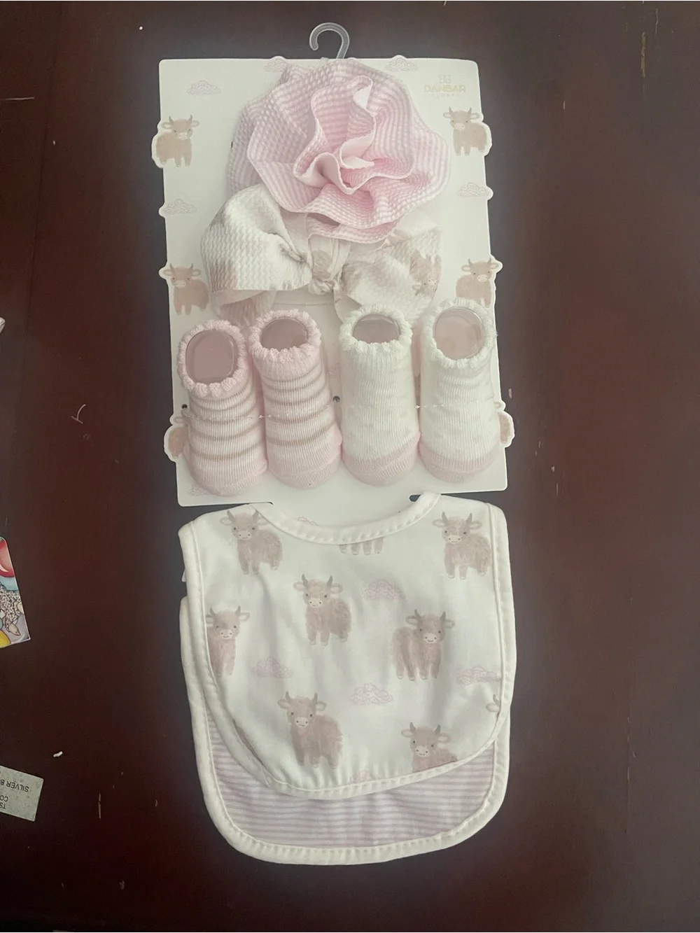 Highland Cow Baby Girls Pink Floral Bow and Bib Accessory Set